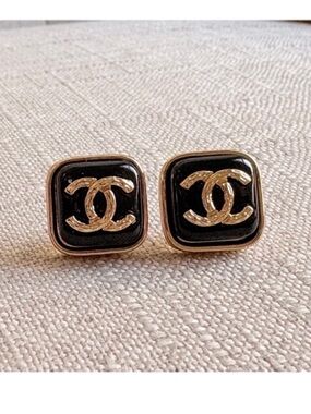 CHANEL Black and Gold CC Square Stud Earrings